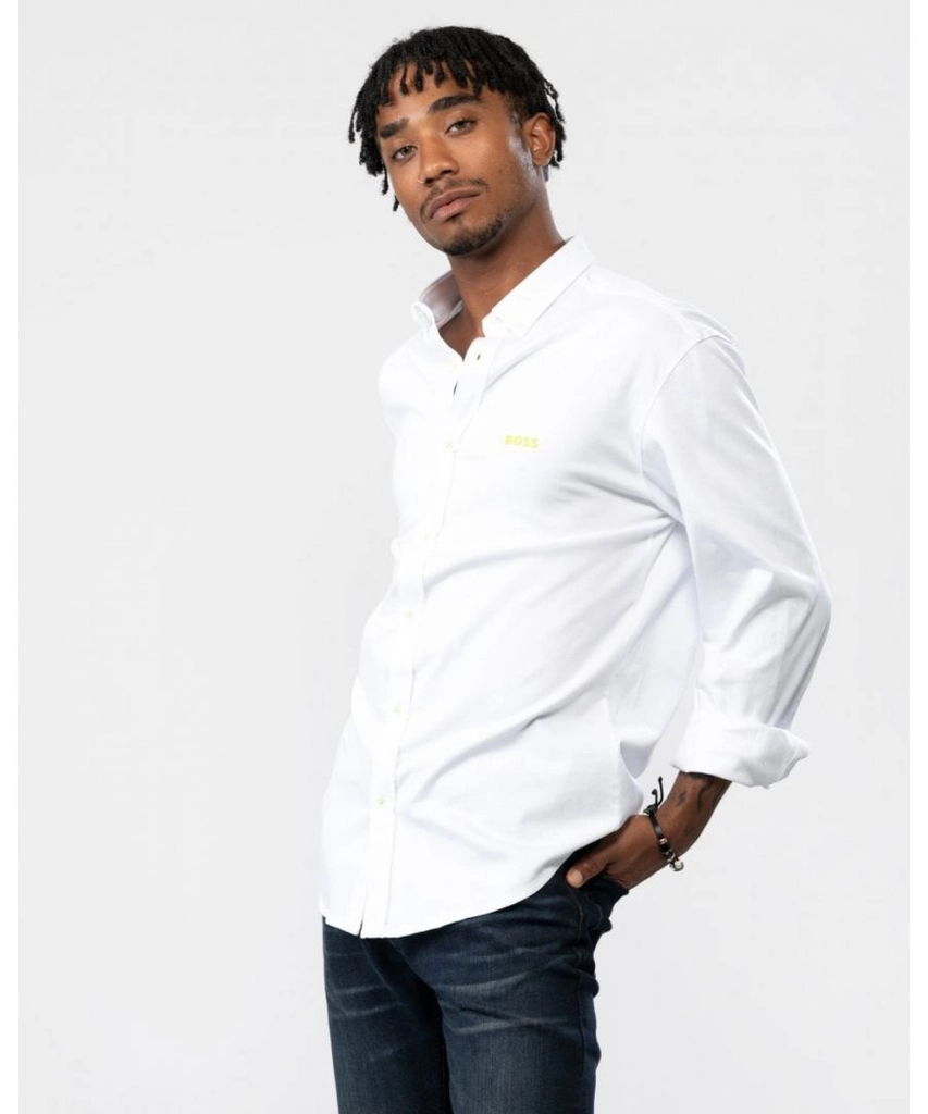 Hugo Boss Green BIADO_R Mens Button-Down Regular Fit Long Sleeve Shirt - White Cotton - Size X-Large